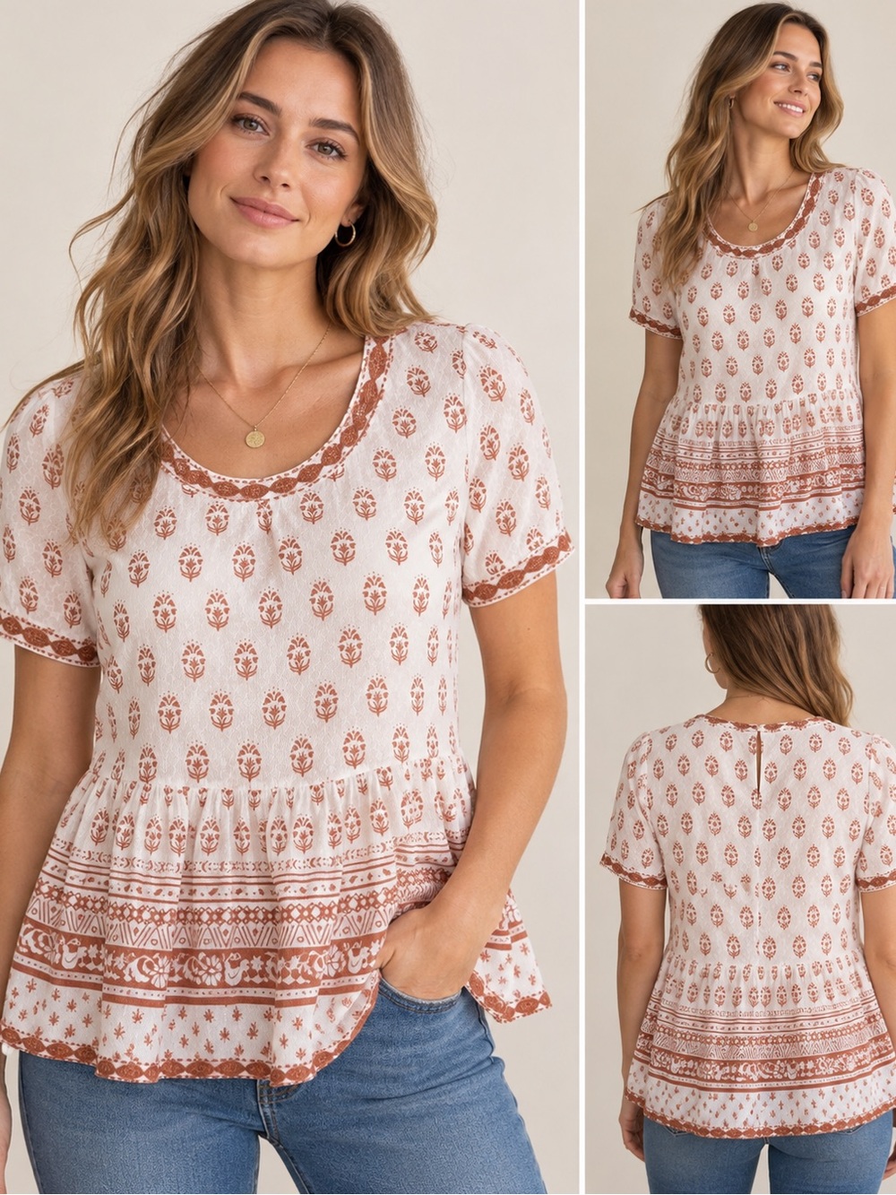 Sigrid Olsen Cream and Rust Printed Peplum Tunic Size XS